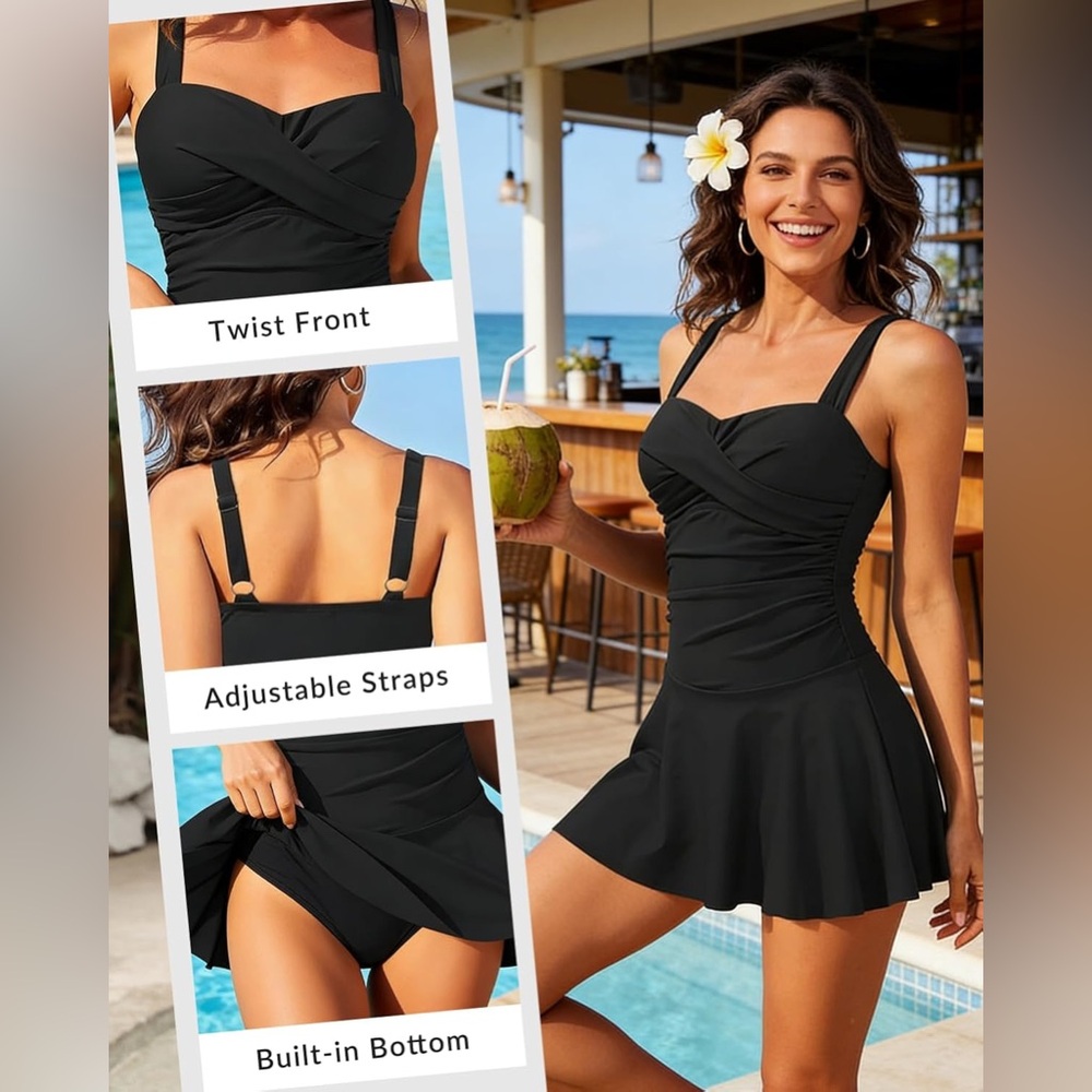 Ekouaer OnePiece Swimsuit Sz L Black Swimdress/w Twist Front & A-line Skirt - Picture 5 of 6